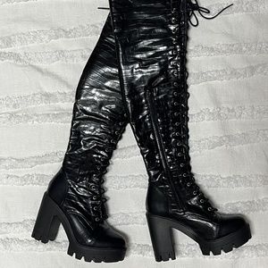 Black Faux Crocodile Leather Blogger Black Thigh High Lace Up Boots